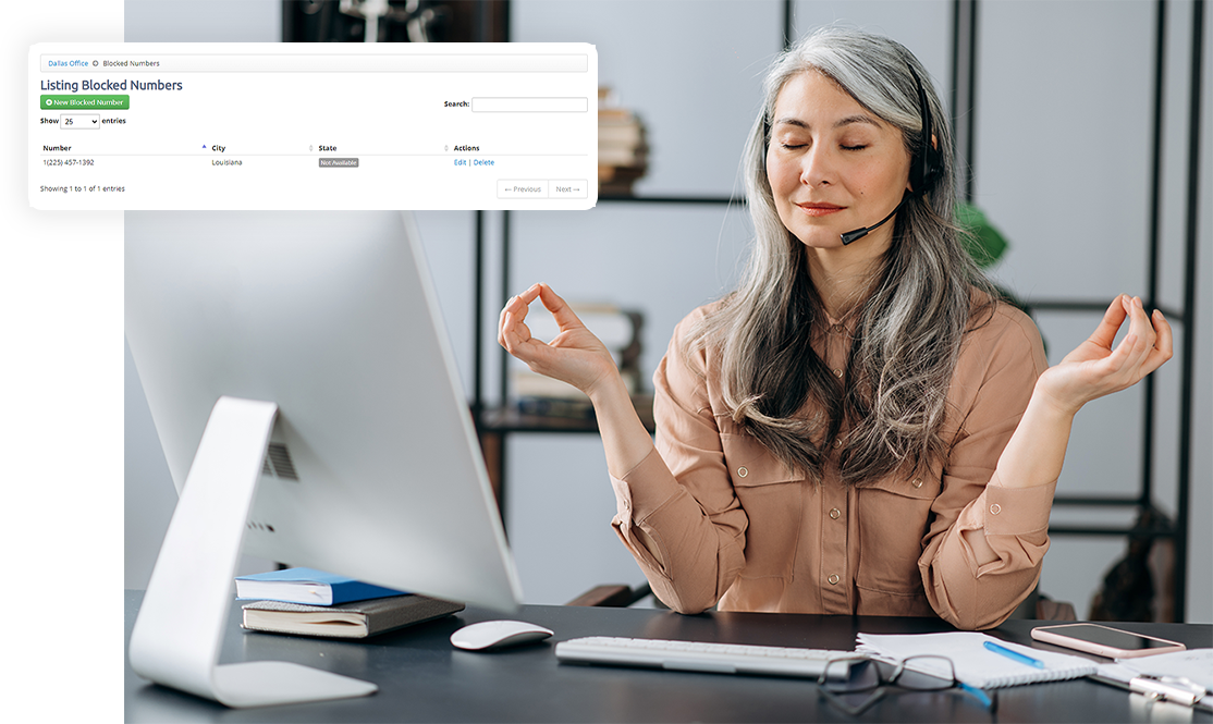 A female leasing manager at peace after using the Envoy Voice phone system.